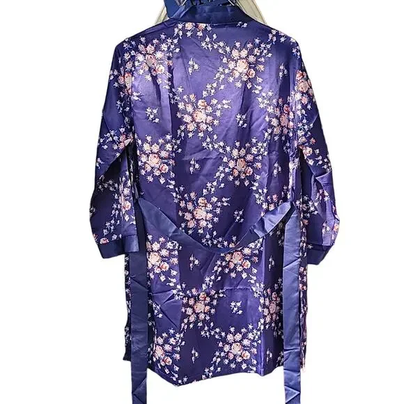 Morgan Lane Navy Pink Floral Satin Tie Close Silky Lounge Allie Robe Size Small